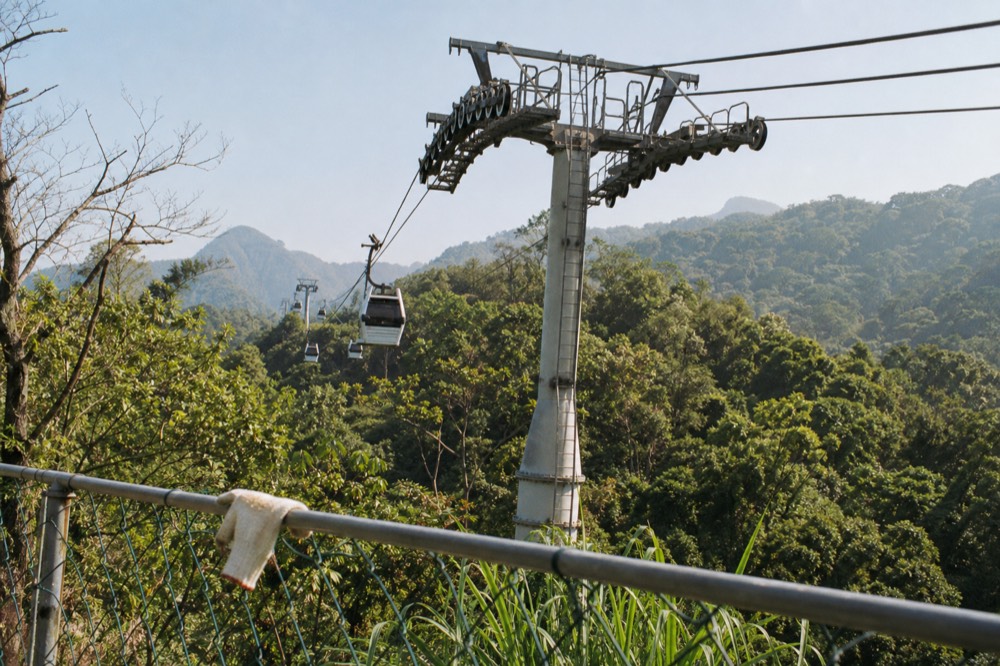 A gondola tower with sheave wheels supporting the cable above treetops, no text, no logos, no people