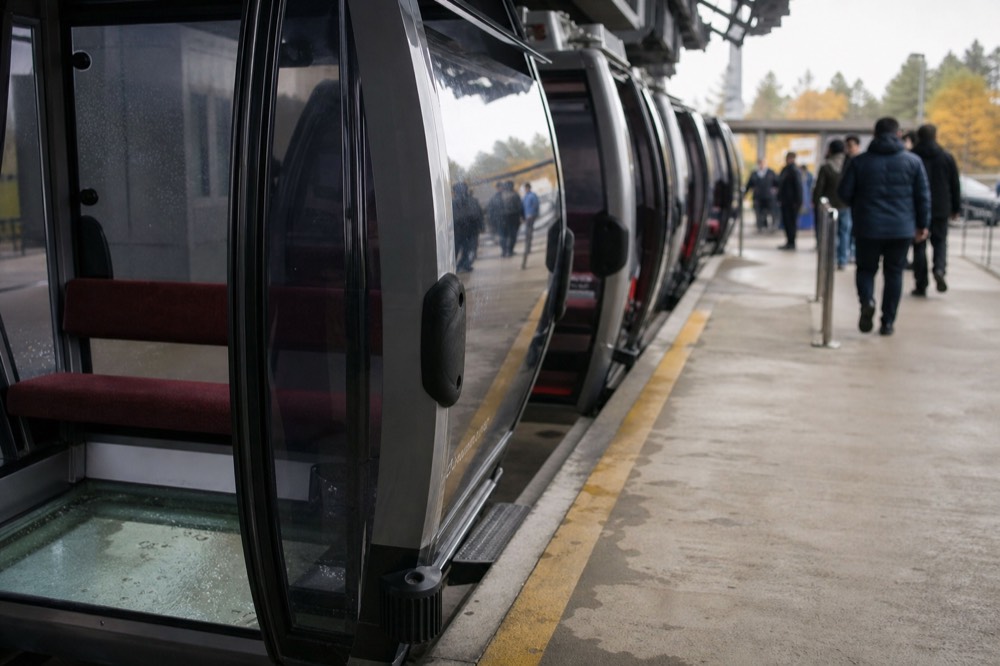 Passenger cabins queued at a Maokong Gondola station platform, no text, no logos, no people