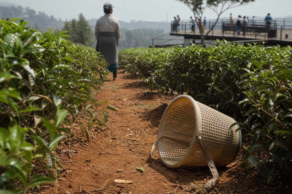 Rows of tea bushes on a working hillside plantation, no text, no logos, no people
