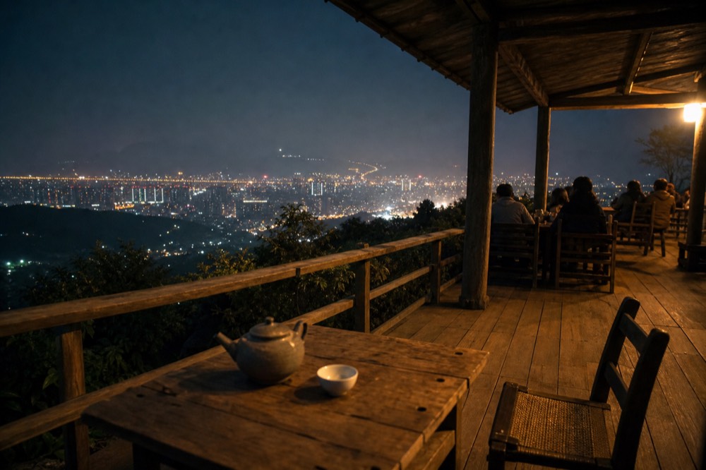 A hillside tea house terrace overlooking the lit Taipei basin at night, no text, no logos, no people