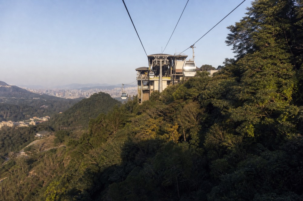 Gondola cabins travelling above a forested ridge toward a hillside station, no text, no logos, no people