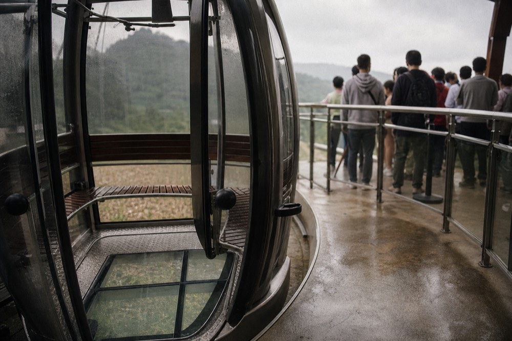 Passengers boarding a cable car cabin at a station platform, no text, no logos, no people