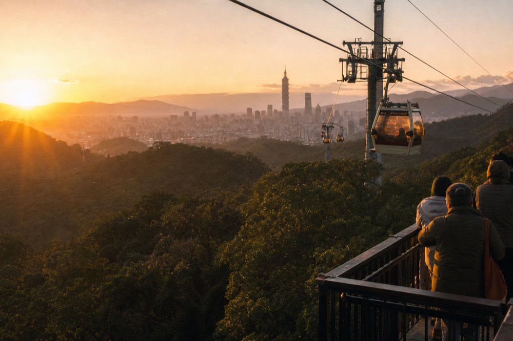 A gondola cabin passing over forested trails toward a city basin at golden hour, no text, no logos, no people