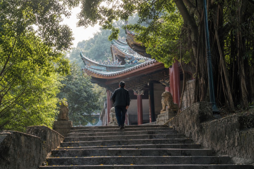 A temple roofline on a forested hillside seen from the surrounding path, no text, no logos, no people