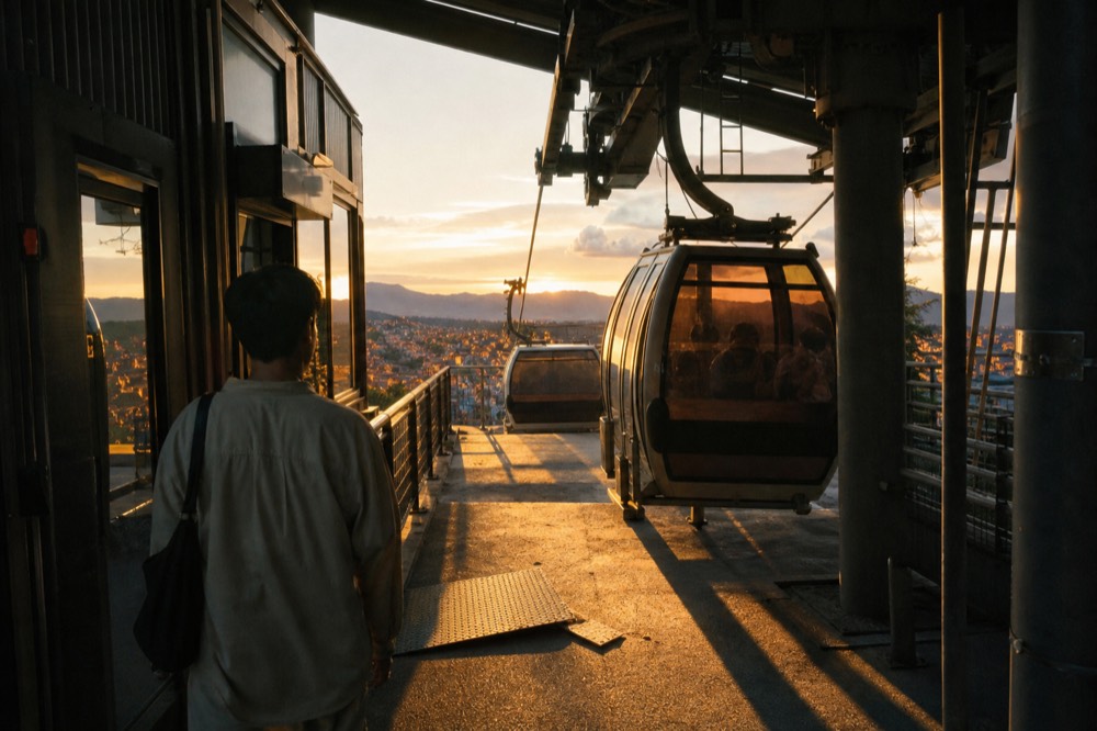 Gondola cabins arriving at an upper station platform in evening light, no text, no logos, no people
