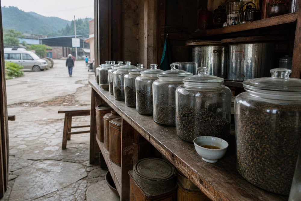 A rural tea stall with tins and jars of dried leaf on wooden shelves, no text, no logos, no people